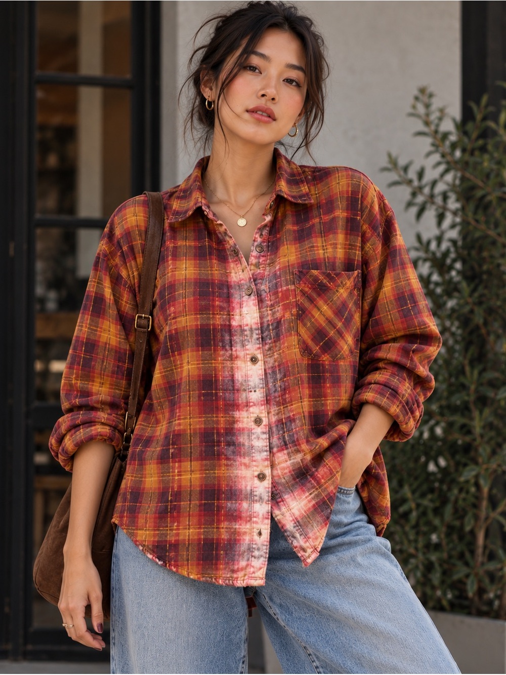 Upcycled Terra & Sky Plaid Shirt 0X Bleach Dyed Fall Flannel OOAK